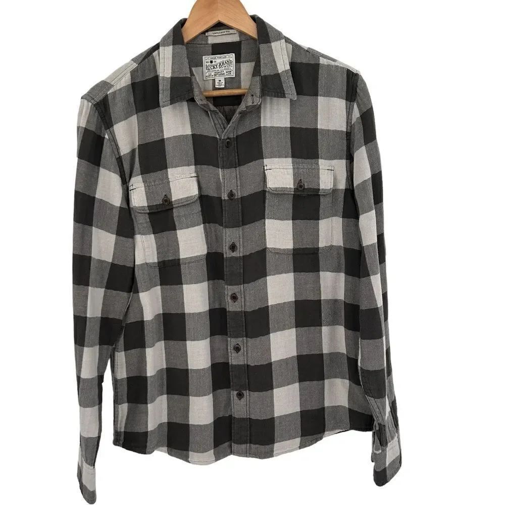 Lucky brand untuck fit gray white buffalo plaid flannel button up size medium
